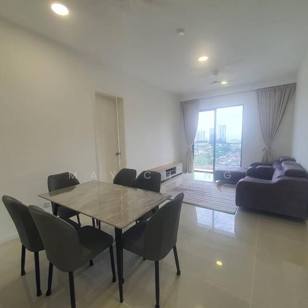 Living features: grey fabric sofa, 4-seater dining table with marble top, 4 upholstered dining chairs, TV console, floor-to-ceiling windows, curtains, light-colored walls, tile flooring, ceiling fan with light; style: modern; view: city.