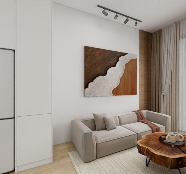 Living features: light wood flooring, white painted walls, wood accent wall, 3-seater fabric sofa in beige, decorative throw pillows, wood coffee table, area rug, framed artwork, recessed ceiling lights, floor-to-ceiling windows with sheer curtains; style: modern.