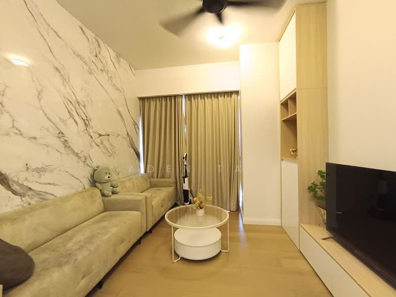 Living features: marble accent wall, light beige fabric sofa, round coffee table, TV console, wall-mounted TV, curtains, ceiling fan, wooden flooring, decorative plant; style: modern.