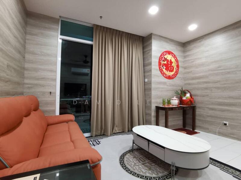 Living features: orange fabric sofa, coffee table with white surface, decorative wall with wood paneling, grey accent wall, floor-to-ceiling windows, sheer curtains, decorative wall art, area rug with circular pattern, recessed downlights; style: modern; view: city.