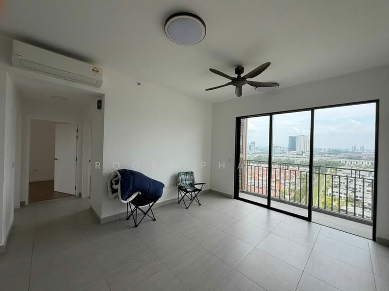 Living features: white painted walls, grey tile flooring, 5-blade ceiling fan, floor-to-ceiling windows, sliding glass door, balcony access, city view, 1 wall-mounted split AC, 2 folding chairs; style: modern; view: city.