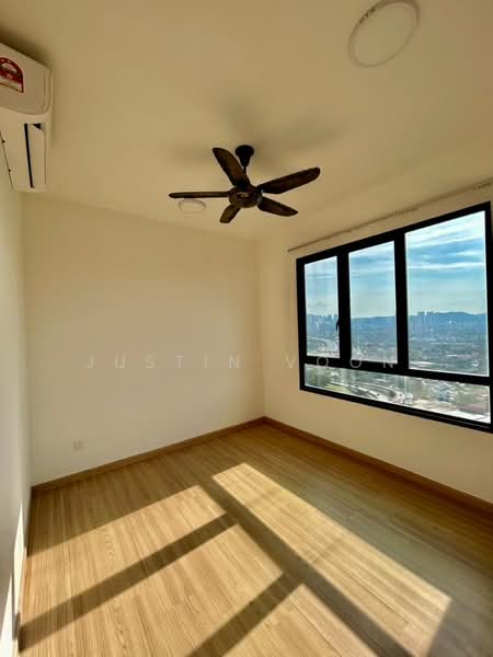 Room features: wooden flooring, white painted walls, 5-blade ceiling fan, floor-to-ceiling windows, city view, wall-mounted split AC; style: modern; view: city.