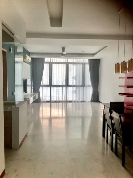 Living features: marble flooring, white painted walls, floor-to-ceiling windows, sheer curtains, 5-blade ceiling fan, recessed downlights, TV console, dining table with chairs, open layout, natural light, neutral color palette; style: modern; view: city.