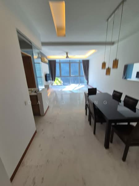 Dining features: marble tile flooring, white painted walls, recessed downlights, dining table with black surface, 4 black dining chairs, large windows with sheer curtains, view of outdoor space, ceiling fan with light, wall-mounted TV, open layout to living area; style: modern; view: garden.