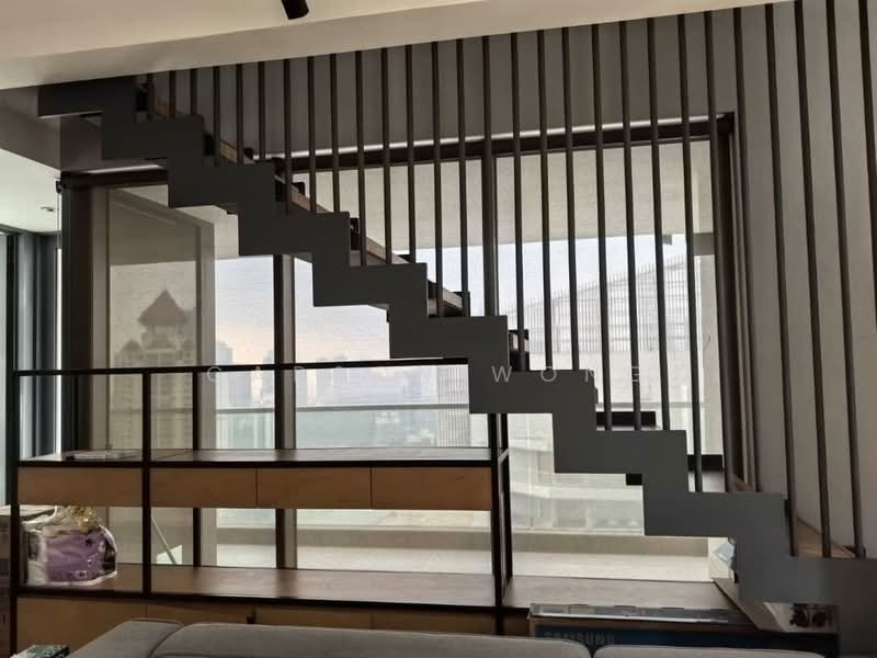 Room features: staircase with modern design, metal railings, open riser stairs, wooden treads, large windows, city skyline view, built-in shelving unit, neutral wall color; style: modern; view: city.