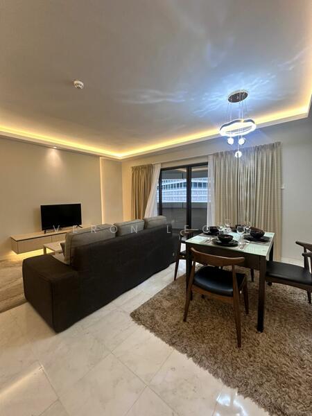 Living features: 3-seater fabric sofa in dark grey, coffee table, wall-mounted TV, TV console, area rug, recessed LED downlights, chandelier, floor-to-ceiling windows, sheer curtains, dining table for 4, upholstered dining chairs, cream painted walls, marble tile flooring; style: modern.