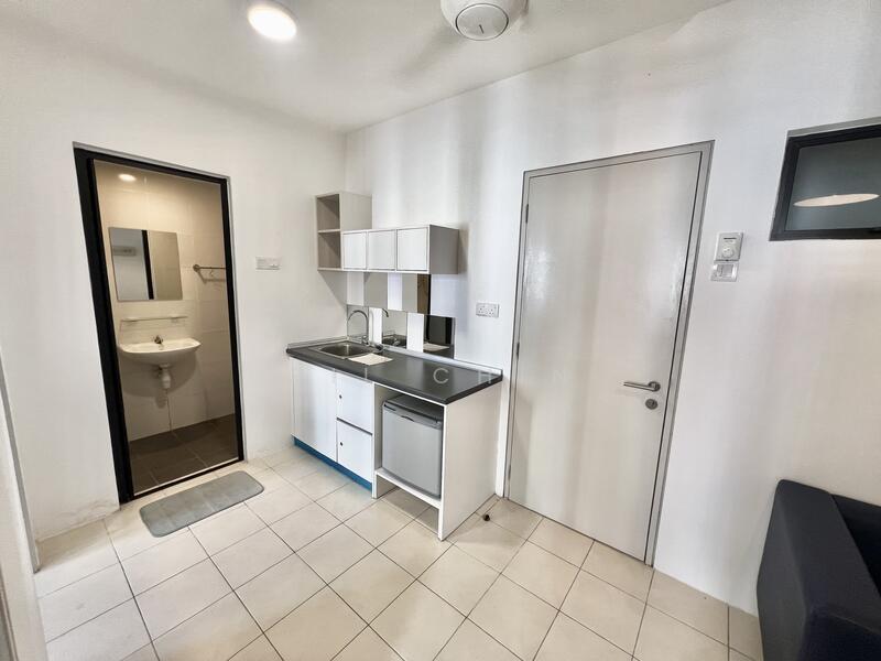 Kitchen features: white cabinetry, black countertop, single-bowl stainless-steel sink, chrome pull-down faucet, built-in fridge, wall-mounted shelf, tile flooring, recessed ceiling lights; style: modern. Bathroom features: white sink, mirror above sink, wall-mounted faucet, toilet, tile flooring.