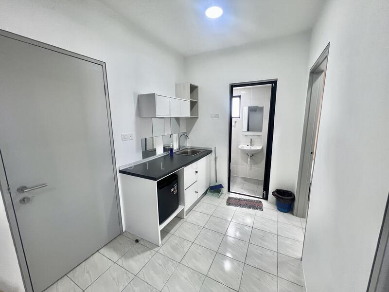 Kitchen features: white cabinets, black countertop, stainless-steel fridge, sink, wall-mounted mirror, ceramic tile flooring, recessed ceiling light, door to hallway, door to bathroom, open shelving; style: modern.