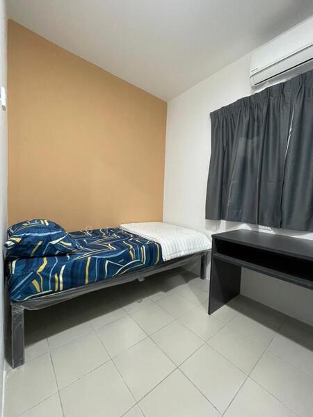 Bedroom features: single bed with mattress, blue and yellow patterned bedspread, cream painted walls, grey curtains, 1 wall-mounted split AC, tile flooring, study desk, chair; style: minimalist.