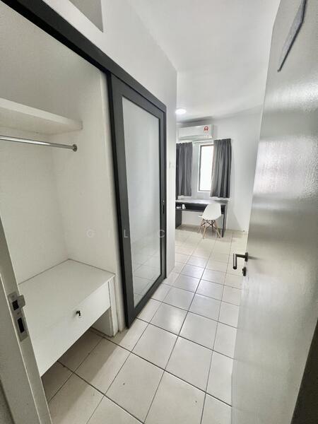 Room features: white painted walls, tile flooring, built-in wardrobe with sliding glass doors, desk with chair, window with grey curtains, light fixture on ceiling; style: modern.
