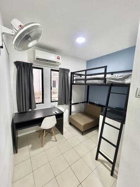 Bedroom features: bunk bed with black metal frame, single mattress on top bunk, beige sofa, desk with black surface, white chair with wooden legs, air conditioning unit on wall, floor-to-ceiling window with black curtains, light grey walls, white tiled flooring, ceiling fan with light; style: modern.