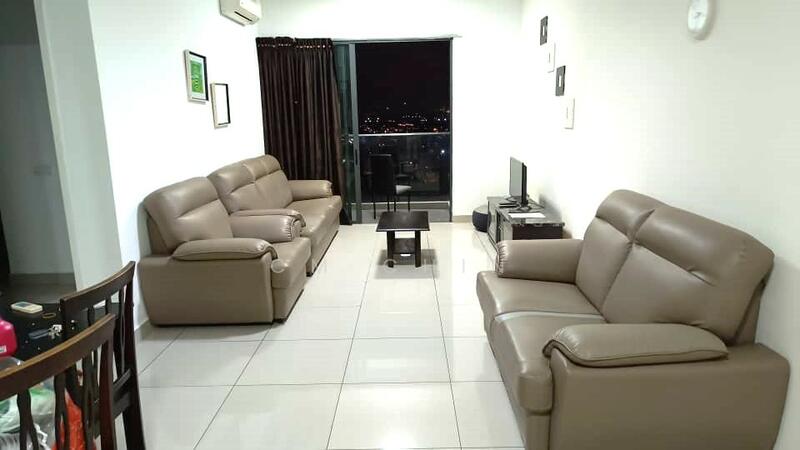 Living features: 2 beige leather sofas, coffee table, wall-mounted TV, floor-to-ceiling windows, curtains, tile flooring, air conditioning unit, decorative wall art; style: modern; view: city.