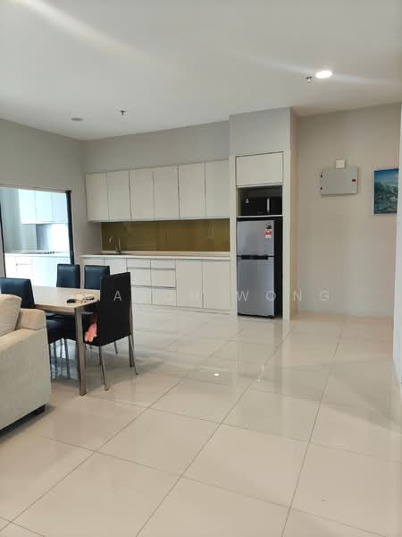Living features: cream painted walls, glossy white tile flooring, recessed downlights, floor-to-ceiling windows, dining table with 6 chairs, 3-seater fabric sofa in beige, stainless-steel fridge, white cabinetry, kitchen countertop with glass backsplash, open-plan layout, decorative wall art, air conditioning unit; style: modern; view: city.