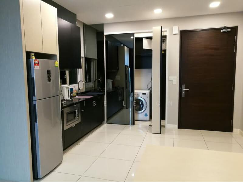 Kitchen features: stainless-steel fridge, built-in oven, freestanding range oven, microwave, black cabinetry, white countertop, ceramic tile flooring, recessed downlights, double-bowl stainless-steel sink, chrome pull-down faucet, washing machine, mirror panel, wall-mounted cabinets; style: modern.