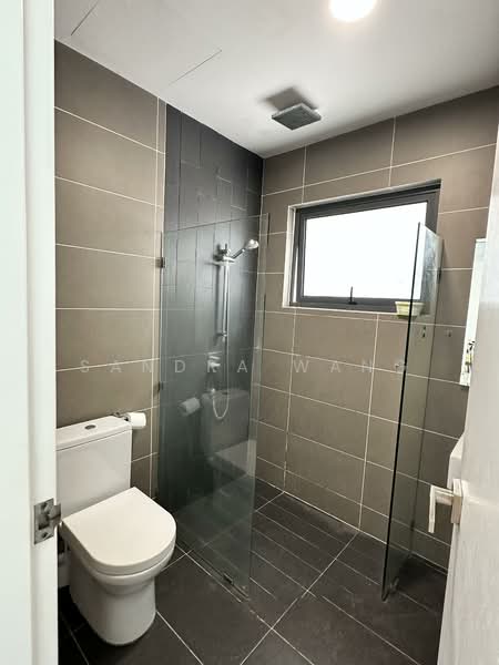 Bathroom features: grey tiled walls, black tiled flooring, walk-in shower with glass enclosure, rain shower head, handheld shower, toilet, single-sink vanity with white cabinet, mirror, window, recessed ceiling lights; style: modern.