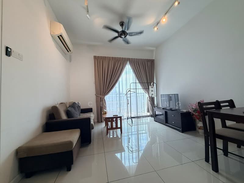 Living features: 3-seater fabric sofa in grey, 2-seater fabric sofa in beige, wooden coffee table, TV console, wall-mounted TV, floor-to-ceiling windows, sheer curtains, white painted walls, polished ceramic tile flooring, ceiling fan with light, recessed downlights, decorative plants in ceramic pots; style: modern; view: city.