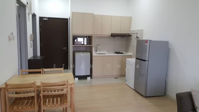 Kitchen features: light beige cabinetry, stainless-steel sink, chrome pull-down faucet, built-in gas hob, exhaust hood, white refrigerator, washing machine, tile backsplash, countertop, dining table with four wooden chairs, laminate flooring, white walls; style: modern.