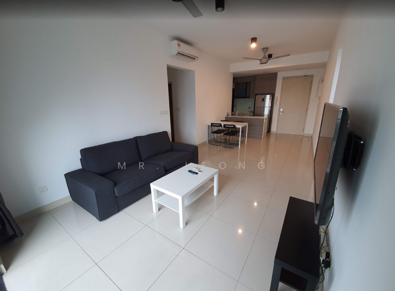 Living features: grey fabric sofa, white coffee table, wall-mounted TV, floor-to-ceiling windows, light-colored tiled flooring, ceiling fan, recessed downlights, black dining table with chairs, open kitchen area visible; style: modern.