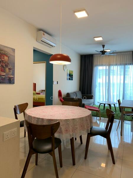 Dining features: round dining table with floral tablecloth, 4 wooden dining chairs, pendant lamp above table, wall-mounted split AC, sliding glass door, floor-to-ceiling windows with sheer curtains, green area rug, sofa in background, ceiling fan with light, white painted walls, glossy tile flooring; style: modern; view: garden.
