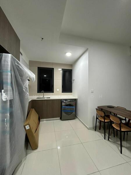 Kitchen features: white painted walls, glossy tile flooring, dark wood cabinetry, single-bowl stainless-steel sink, chrome pull-down faucet, built-in washing machine, stainless-steel refrigerator, 4-seater dining table, plastic dining chairs, window with black frames, ceiling light fixture; style: modern.