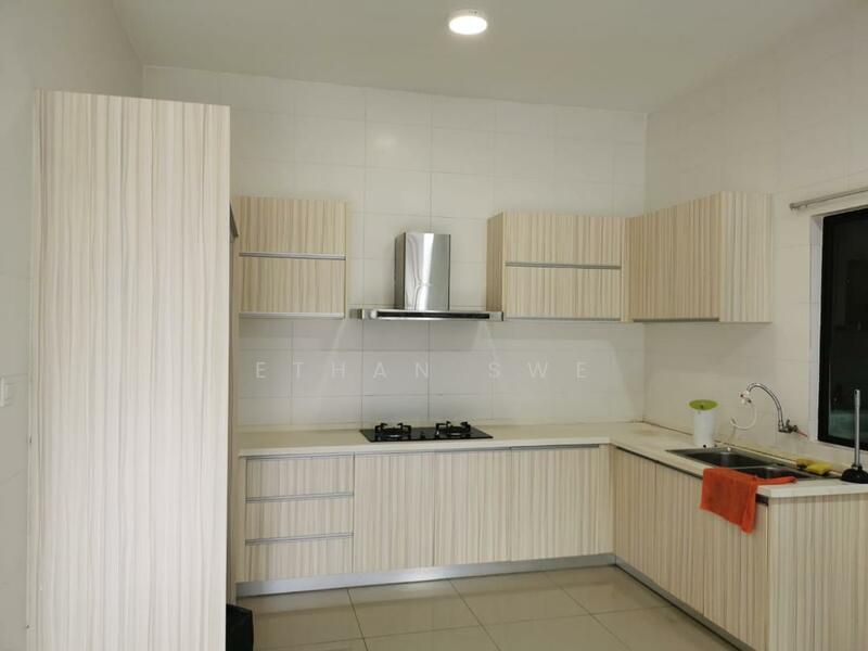 Kitchen features: light wood cabinetry with vertical stripes, white countertop, stainless-steel range hood, 4-burner gas hob, single-bowl stainless-steel sink, chrome pull-down faucet, white tiled walls, grey tile flooring, window with black frame, orange kitchen towel; style: modern.