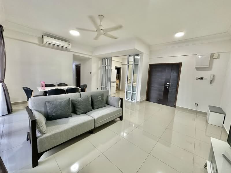 Living features: 3-seater fabric sofa in grey, ceiling fan, wall-mounted split AC, white painted walls, glossy tile flooring, recessed downlights, curtains, coffee table, dining table with chairs visible in background, entrance door, interior glass partition, light switch, wall-mounted intercom; style: modern.