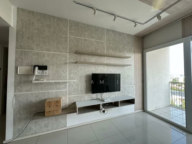 Living features: light grey feature wall with geometric pattern, white painted walls, glossy white floor tiles, built-in TV console with storage, wall-mounted flat-screen TV, floating shelves, sliding glass door to balcony, natural light from balcony, recessed ceiling lights, air conditioning unit; style: modern; view: city.