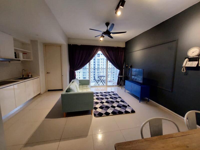Living features: light grey fabric sofa, black and white checkered area rug, wall-mounted TV, blue TV console, 5-blade ceiling fan with light, floor-to-ceiling windows, sheer curtains, dark accent wall, white painted walls, dining table with white chairs; style: modern; view: city. Kitchen features: white cabinetry, stainless-steel sink, single-bowl stainless-steel sink, built-in oven, freestanding range oven, microwave; style: modern.