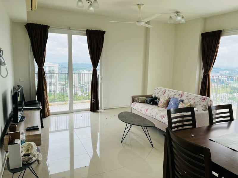 Living features: floor-to-ceiling windows, sliding glass door, 3-seater fabric sofa with floral pattern, coffee table, TV console, wall-mounted TV, dining table with chairs, white painted walls, marble tile flooring, ceiling fan with light, sheer curtains, decorative throw pillows; style: modern; view: city.