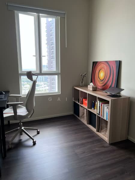 Study features: large window with city view, wooden flooring, light beige painted walls, desk with ergonomic chair, bookshelf with open and closed storage, decorative artwork on wall, table lamp, minimalist decor; style: modern; view: city.