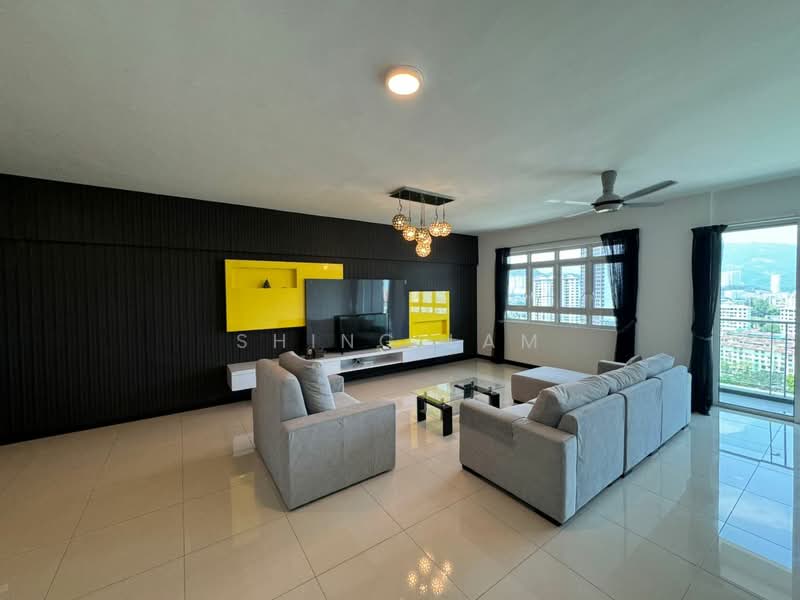 Living features: grey fabric sectional sofa, white coffee table, wall-mounted TV, black accent wall, yellow feature wall unit, recessed ceiling lights, 5-blade ceiling fan, large windows with city view, glossy tile flooring, black curtains; style: modern; view: city.