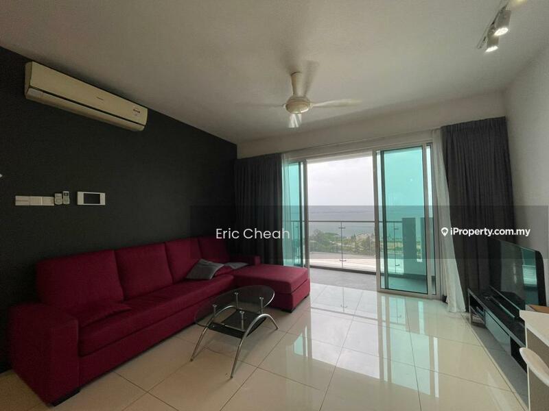 Living features: 3-seater fabric sofa in red, glass coffee table, floor-to-ceiling windows, sliding glass door, curtains, wall-mounted air conditioning unit, white painted walls, glossy tile flooring, ceiling fan with light, decorative wall paneling; style: modern; view: city.