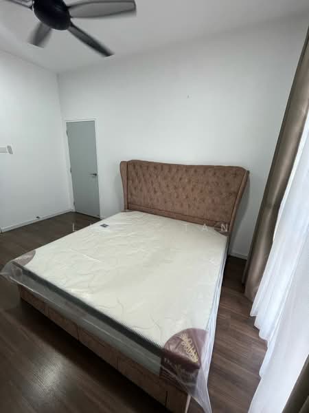 Bedroom features: king-size bed, upholstered headboard, wooden flooring, white painted walls, ceiling fan, curtains, door to hallway; style: modern.