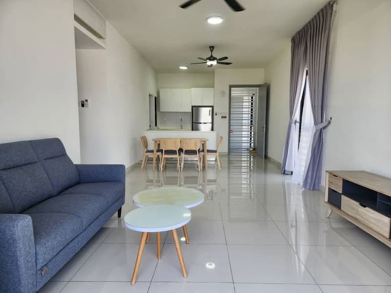 Living features: grey fabric sofa, 2 coffee tables with round glass tops, wooden TV console, white walls, polished tile flooring, ceiling fan, large window with sheer curtains, dining area with wooden dining table and chairs, open layout to kitchen; style: modern.