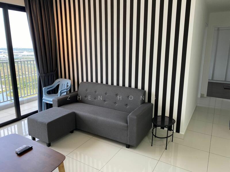 Living features: grey fabric sofa with chaise, black side table, blue plastic chair, striped accent wall in black and white, large glass sliding door, white tiled flooring, curtains in dark color, TV remote on coffee table; style: modern; view: city.