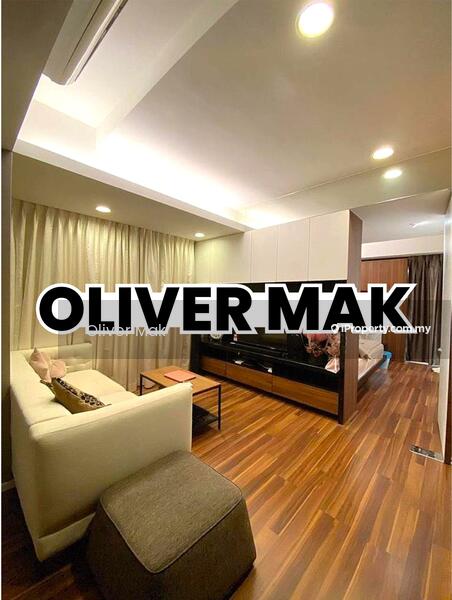 Living features: light wood flooring, white painted walls, recessed downlights, sofa in white fabric, coffee table, TV console, wall-mounted TV, curtains in light fabric, decorative throw pillows, ottoman, open layout to bedroom area; style: modern.