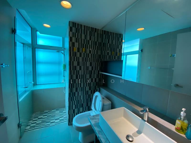 Bathroom features: walk-in shower with glass enclosure, bathtub, white ceramic toilet, single-sink vanity with rectangular basin, chrome basin mixer faucet, large wall mirror, grey tiled walls, black and white patterned floor tiles, recessed lighting, window with frosted glass, greenery view, soap dispenser, hand soap, towel rack; style: modern; view: city.