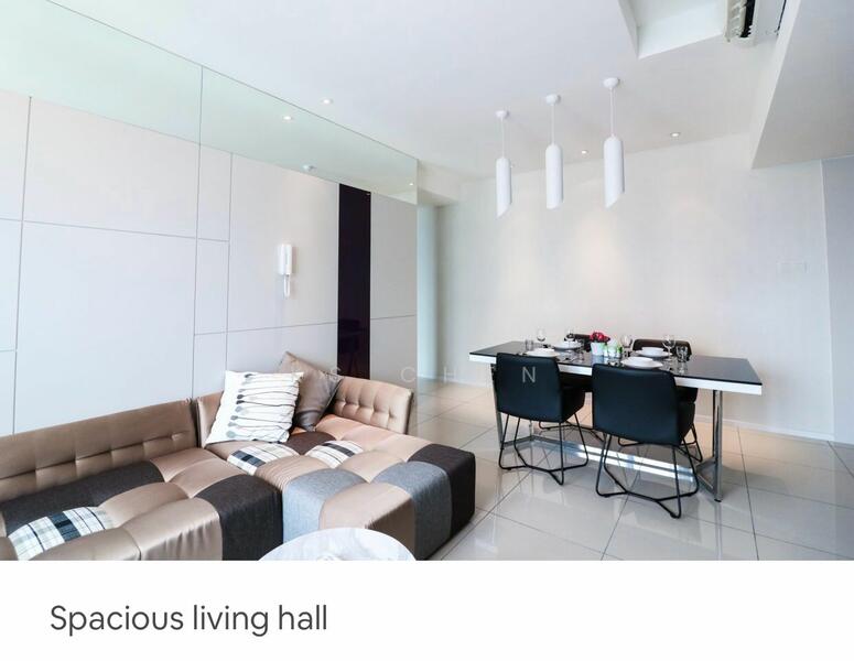 Living features: beige fabric sectional sofa, white walls, glossy tile flooring, recessed downlights, pendant lighting, glass dining table, black dining chairs, decorative wall paneling, neutral color palette, decorative cushions, wall-mounted sconce; style: modern.