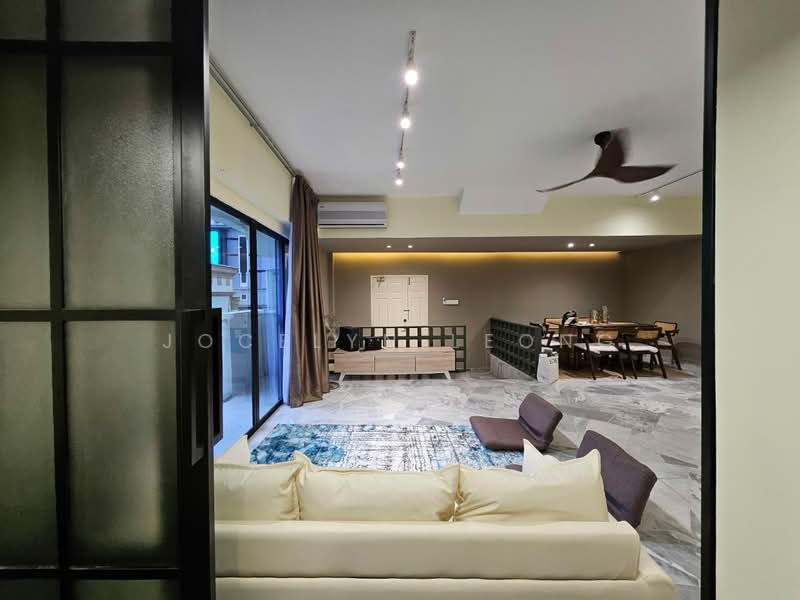 Living features: 3-seater fabric sofa in cream, 2-seater fabric sofa in dark grey, area rug with geometric pattern, ceiling fan with light, recessed LED downlights, floor-to-ceiling windows, sliding glass door, dining table with chairs, wooden dining chairs, decorative wall panel, light-colored walls, marble tile flooring; style: modern; view: city.