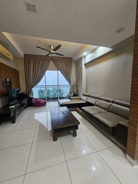 Living features: L-shape sectional sofa in beige, coffee table, wall-mounted TV, TV console, 5-blade ceiling fan with light, floor-to-ceiling windows, sheer curtains, white painted walls, recessed downlights, glossy tile flooring, decorative wall paneling, view of the sea; style: modern; view: sea.