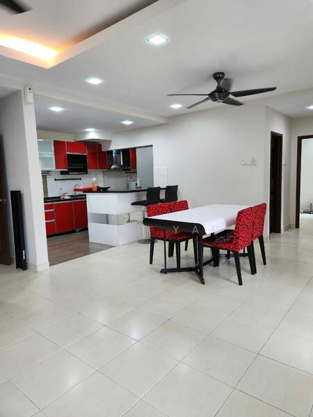 Dining features: 6-seater dining table, black dining chairs with red floral pattern, white tablecloth, ceiling fan with light, tile flooring, recessed ceiling lights, open layout to kitchen, wall-mounted cabinets in kitchen, stainless-steel appliances in kitchen, kitchen island with seating; style: modern. Kitchen features: red cabinetry, black countertop, stainless-steel sink, built-in oven, 4-burner gas hob, exhaust hood, tile backsplash, refrigerator, open shelving; style: modern.