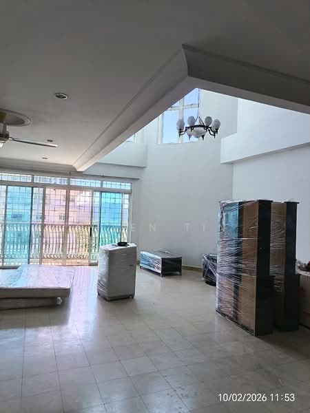 Living features: high ceiling, ceiling fan, large windows, balcony access, tile flooring, neutral wall color, chandelier, open layout, unpacked furniture, natural light; style: modern; view: city.