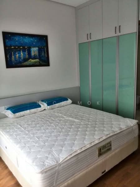 Bedroom features: queen-size bed with mattress, upholstered headboard, two blue decorative pillows, built-in wardrobe with glass doors, wooden flooring, framed artwork on wall, nightstand, wall-mounted light fixture; style: modern.