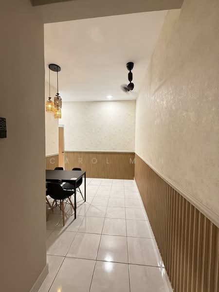 Dining features: white painted walls, wood paneling, glossy white tile flooring, 5-blade ceiling fan, 3 pendant lights, rectangular dining table, 4 dining chairs, recessed lighting, neutral color scheme, open layout; style: modern.