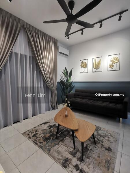 Living features: 3-seater fabric sofa in black, 2 wooden coffee tables, area rug with geometric pattern, floor-to-ceiling curtains in grey, recessed LED downlights, 5-blade ceiling fan, wall-mounted air conditioning unit, framed artwork with botanical prints, decorative plant in ceramic pot, grey accent wall; style: modern.