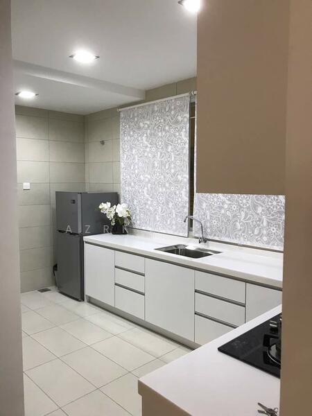 Kitchen features: white cabinetry with flat-panel doors, white quartz countertop, single-bowl stainless-steel sink, chrome pull-down faucet, built-in gas hob, stainless-steel fridge, ceramic tile flooring, wall-mounted window with patterned sheer curtains, recessed LED downlights, decorative flower arrangement; style: modern.