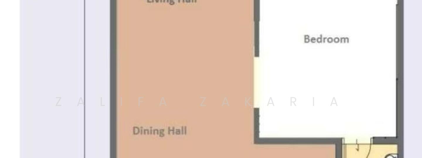 Floor plan: 1-bedroom unit; features: open-plan living and dining area, separate bedroom, layout includes living hall and dining hall.