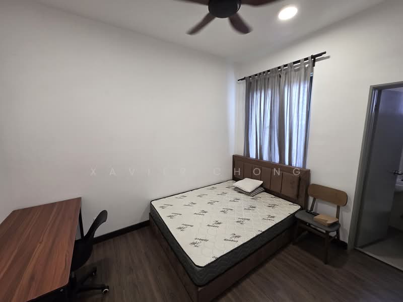 Bedroom features: queen-size bed, upholstered headboard, wooden flooring, white painted walls, floor-to-ceiling window, sheer curtains, ceiling fan, study desk, office chair, wooden chair; style: modern.