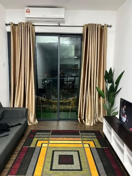 Living features: grey fabric sofa, area rug with geometric pattern in yellow, black, and red, floor-to-ceiling sliding glass door, sheer curtains in gold, dark wood TV console, wall-mounted TV, potted plant, air conditioning unit on wall, laminate flooring, decorative wall art; style: modern; view: garden.