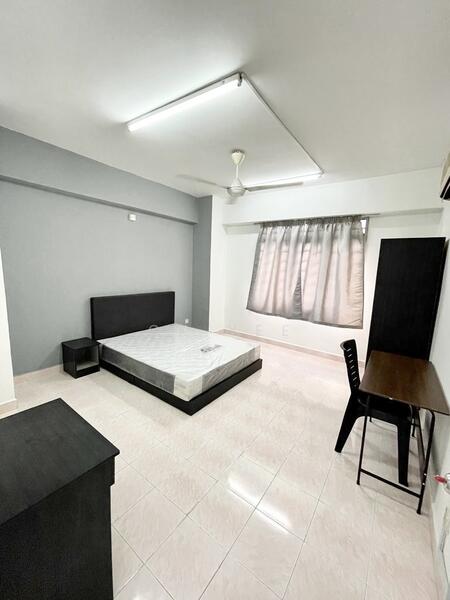 Bedroom features: queen-size bed with mattress, grey accent wall, white painted walls, polished ceramic tile flooring, 5-blade ceiling fan, floor-to-ceiling window with sheer curtains, black study desk, black chair, nightstand, light fixture on ceiling; style: modern.